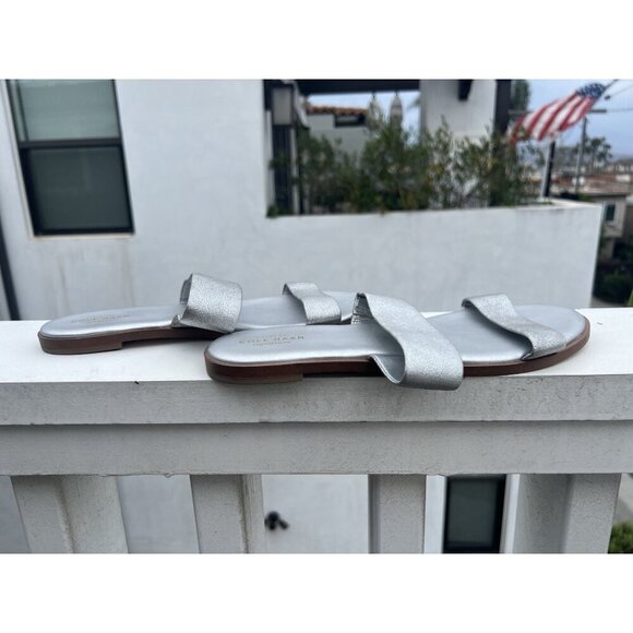 Cole Haan Findra Metallic Leather double-strap flat sandals silver 9.5 comfy - Picture 10 of 10